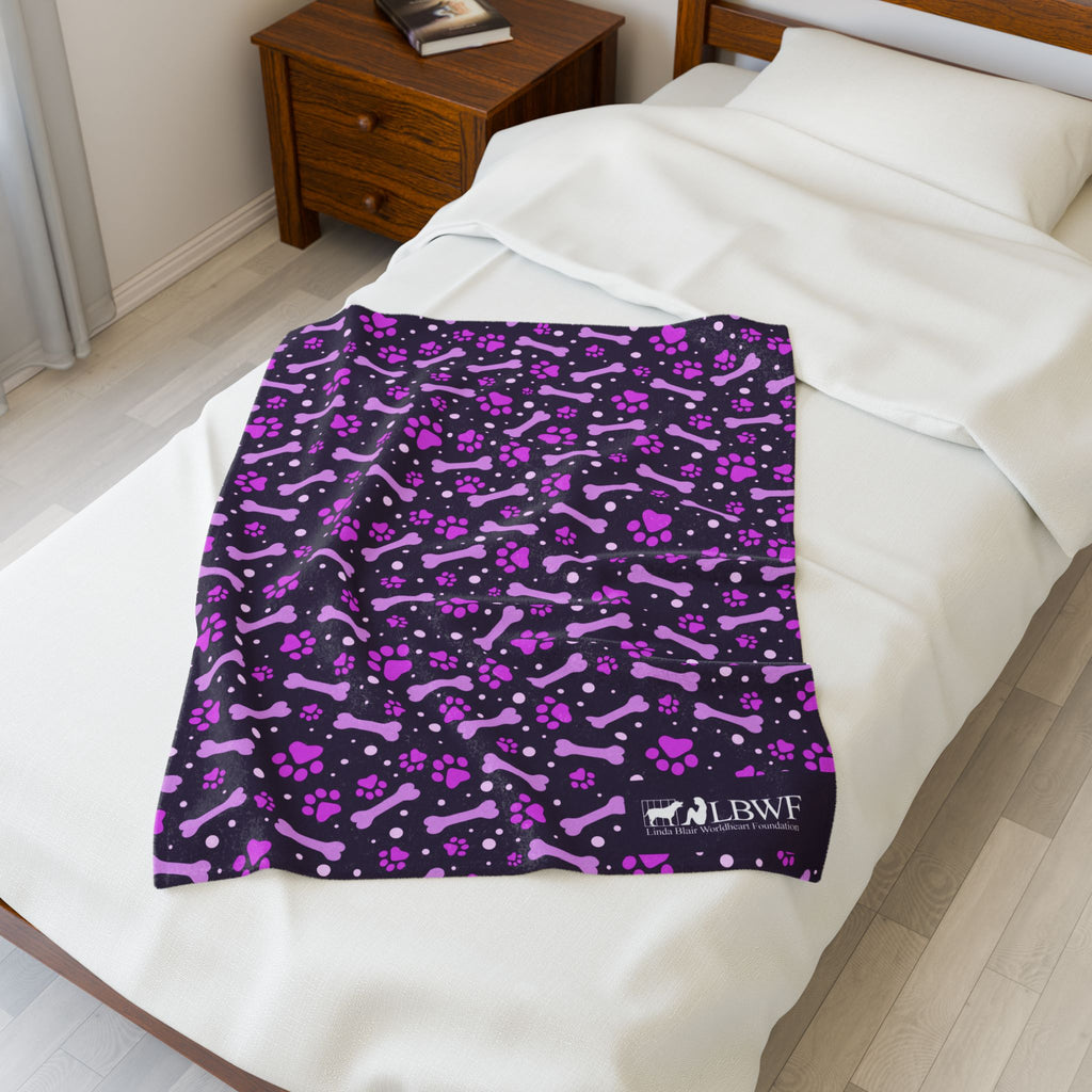 Purple Paw Prints and Bones Velveteen Plush Dog Blanket
