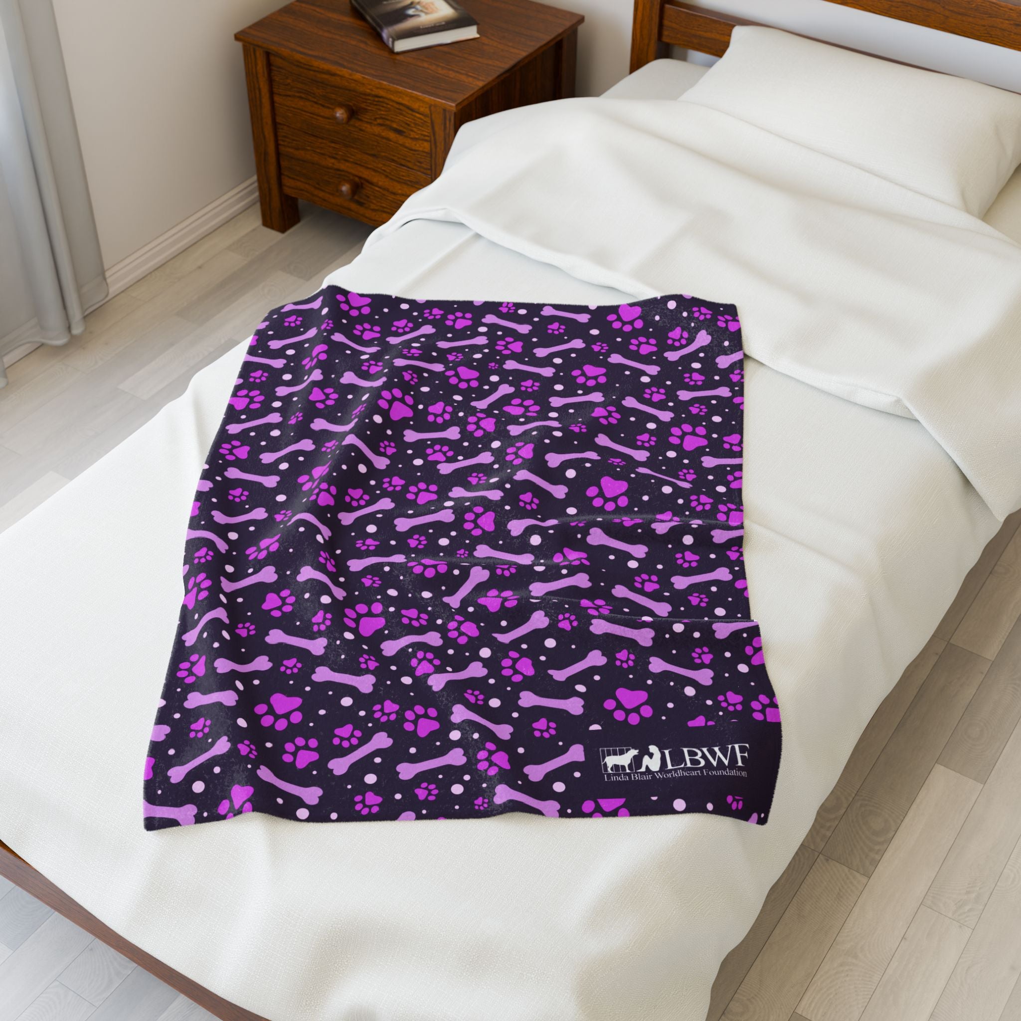 Purple Paw Prints and Bones Velveteen Plush Dog Blanket